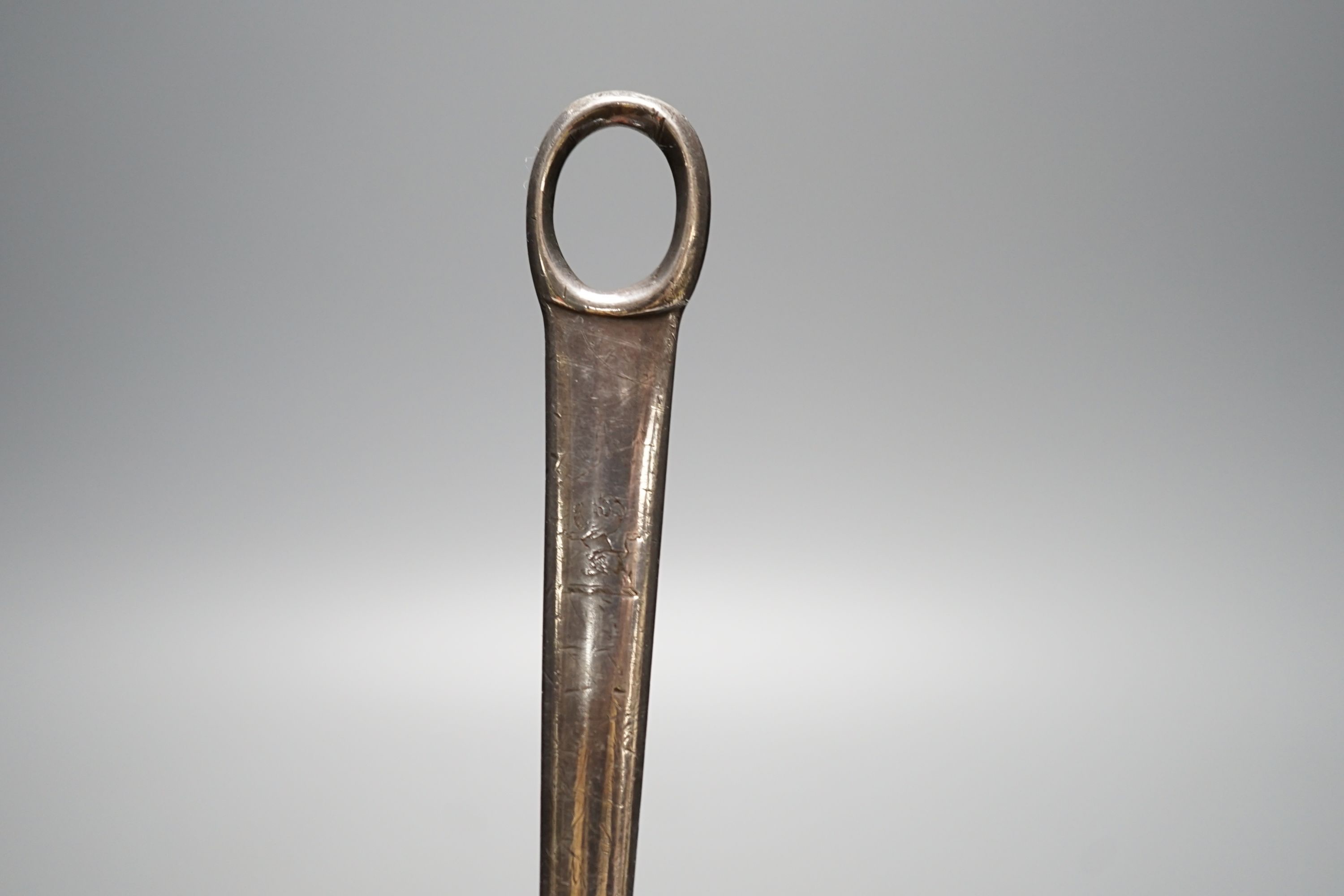 A George III Irish silver meat skewer, Richard Sawyer, Dublin, 1806, 19.4cm and a George V Irish silver vesta case.